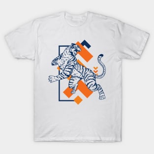 Retro 80s Orange and Navy Tiger on the Attack // Vintage Geometric Shapes Background T-Shirt